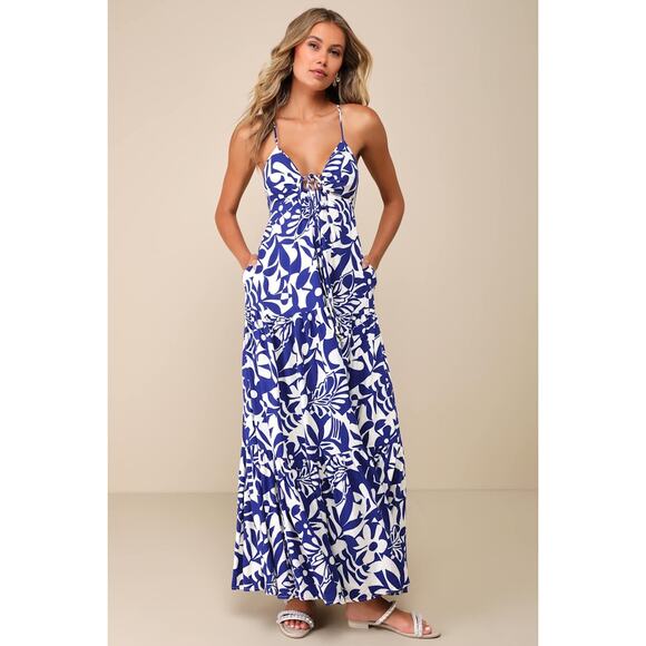 NWT Sz M Mykonos Memories Blue and Ivory Abstract Maxi Dress With Pockets - Picture 1 of 6